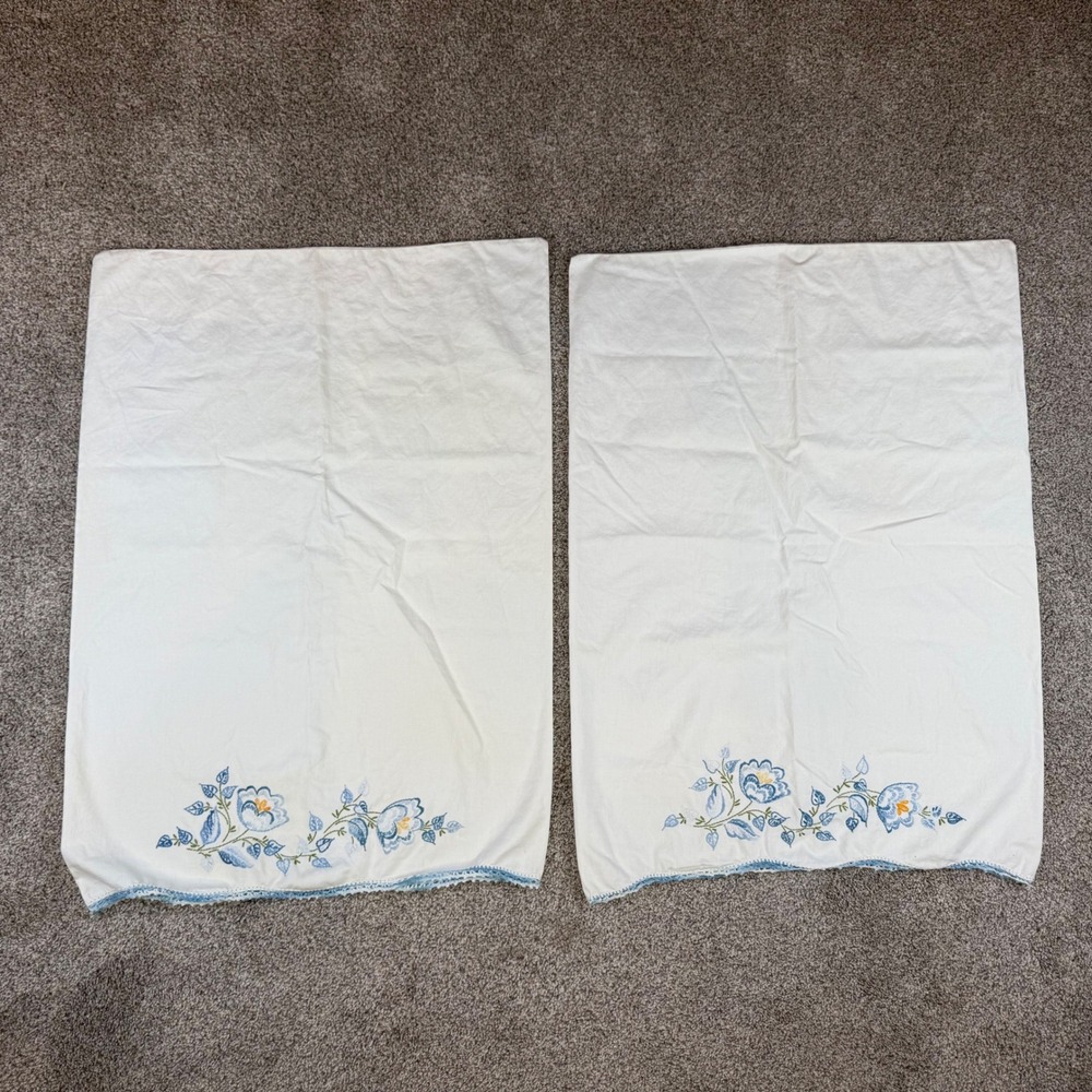 Vintage Embroidered Floral Pillowcase Pair Blue White Crochet Lace Trim Set of 2